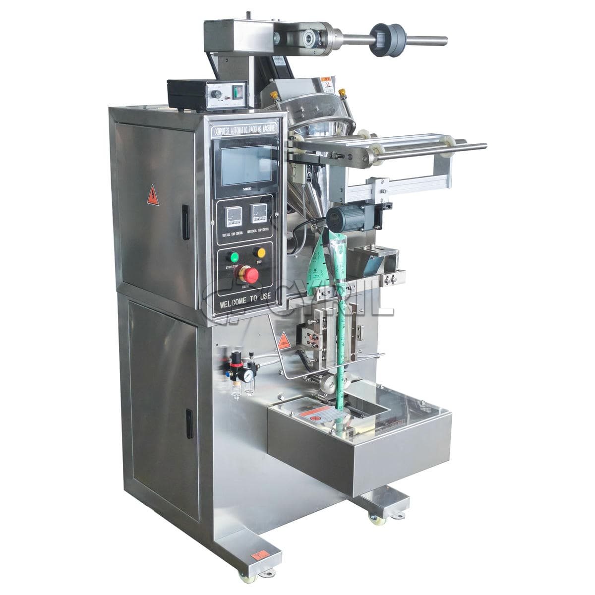 Incline push back seal pouch powder packaging machine