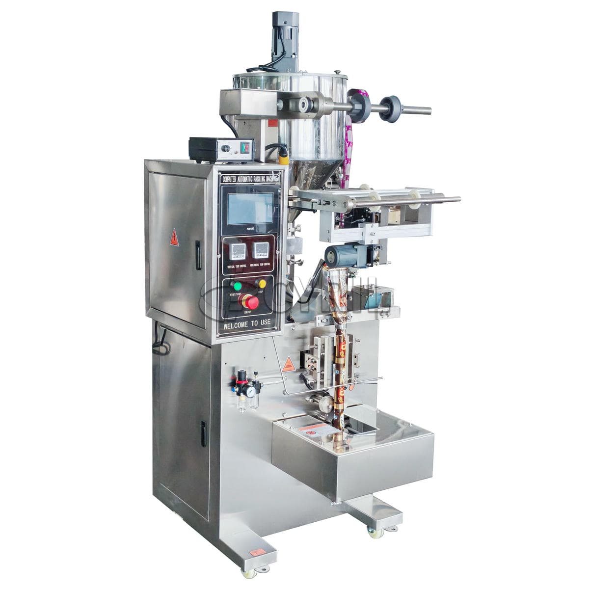 Paste packaging machine + gear pump + round bucket stirring and heating + back sealing