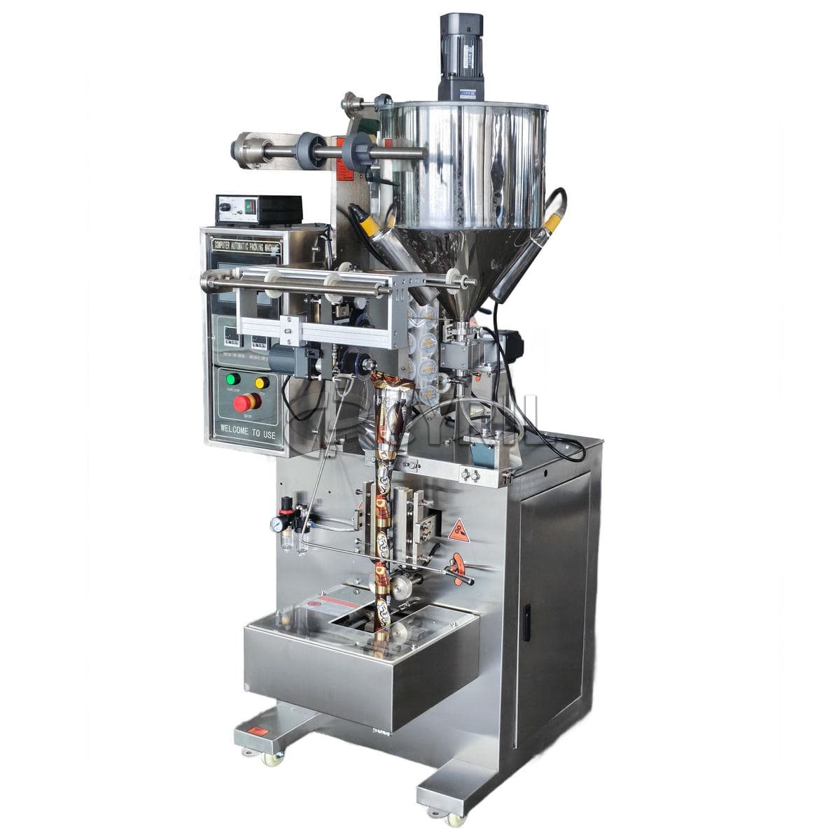 Paste packaging machine + gear pump + round bucket stirring and heating + back sealing