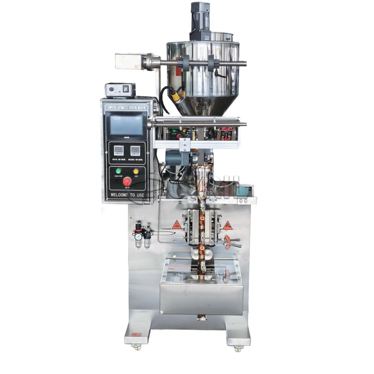 Paste packaging machine + gear pump + round bucket stirring and heating + back sealing