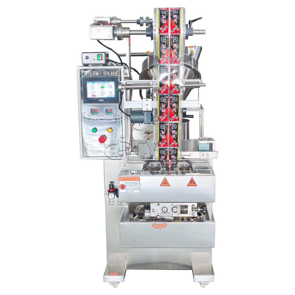 粉末包装机+斜推+打码+四边封+连包