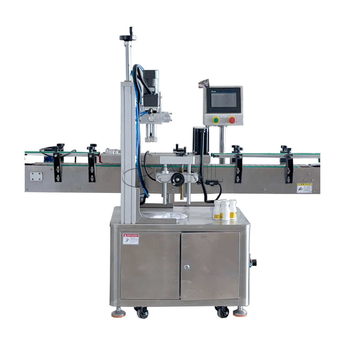Four-head filling machine + four-wheel capping + aluminum foil sealing + round bottle positioning + laser coding + bottle sorting and collection