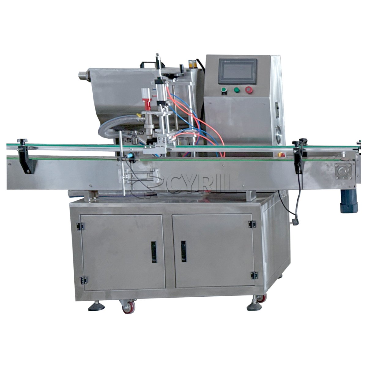 Four-head filling machine + four-wheel capping + aluminum foil sealing + round bottle positioning + laser coding + bottle sorting and collection