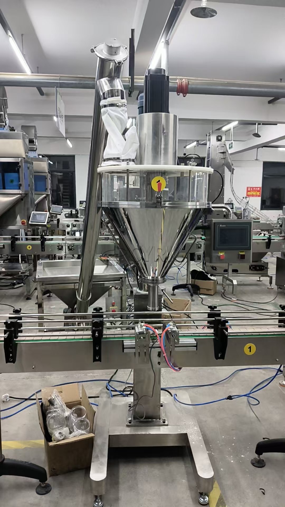 Double-head scale + powder + filling + capping + labeling + bottle sorting + bottle collection