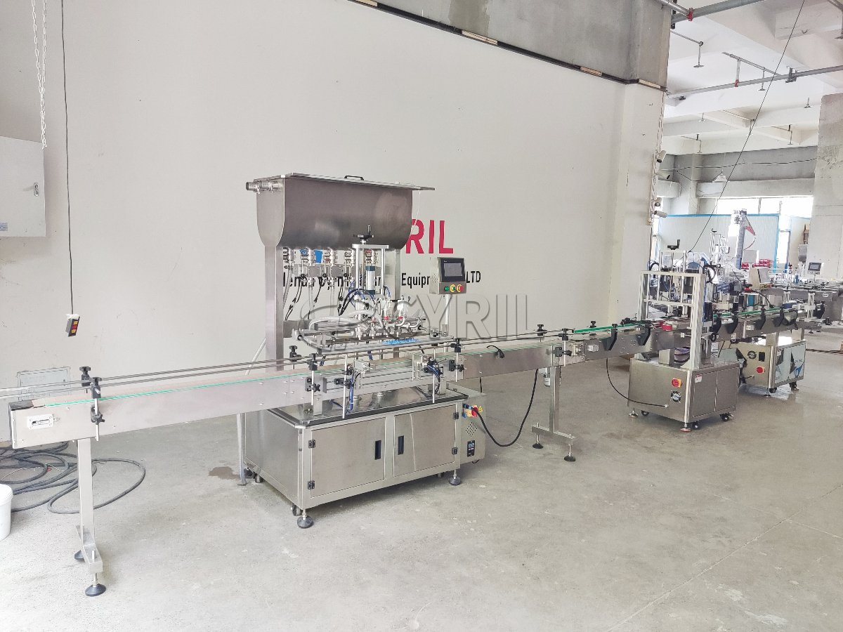 4-Head Gear Pump Filling Machine + 4-Wheel Capping Machine + Round Bottle Wrap-Around Labeling Machine