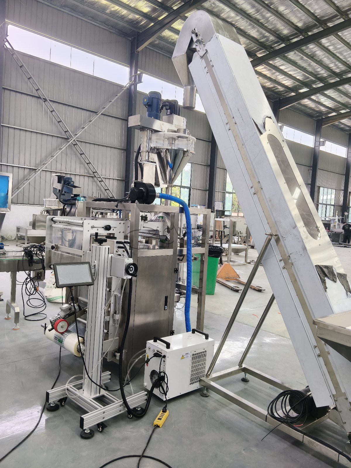 Powder Packaging Machine + Direct Pusher + Bucket Elevator
