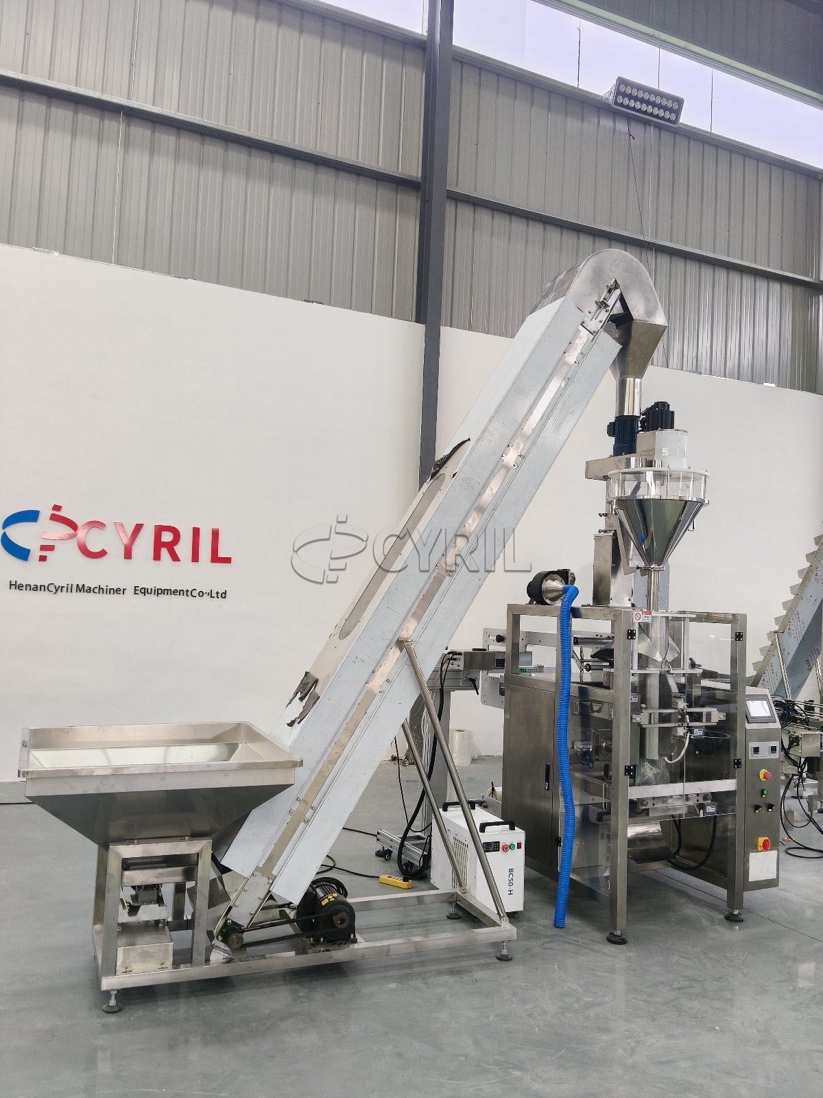 Powder Packaging Machine + Direct Pusher + Bucket Elevator