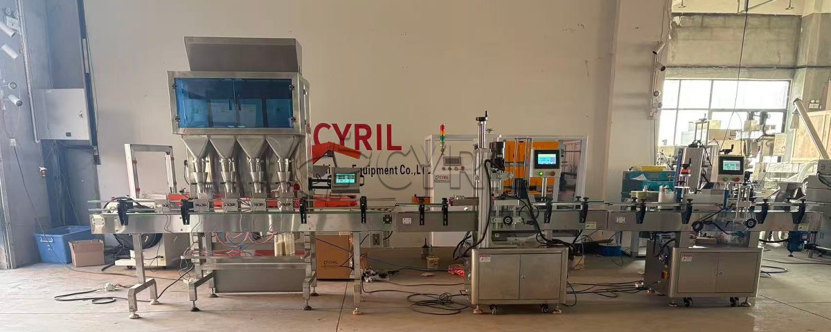 Four-head weighing filling machine with four ports + four-wheel capping + round bottle positioning