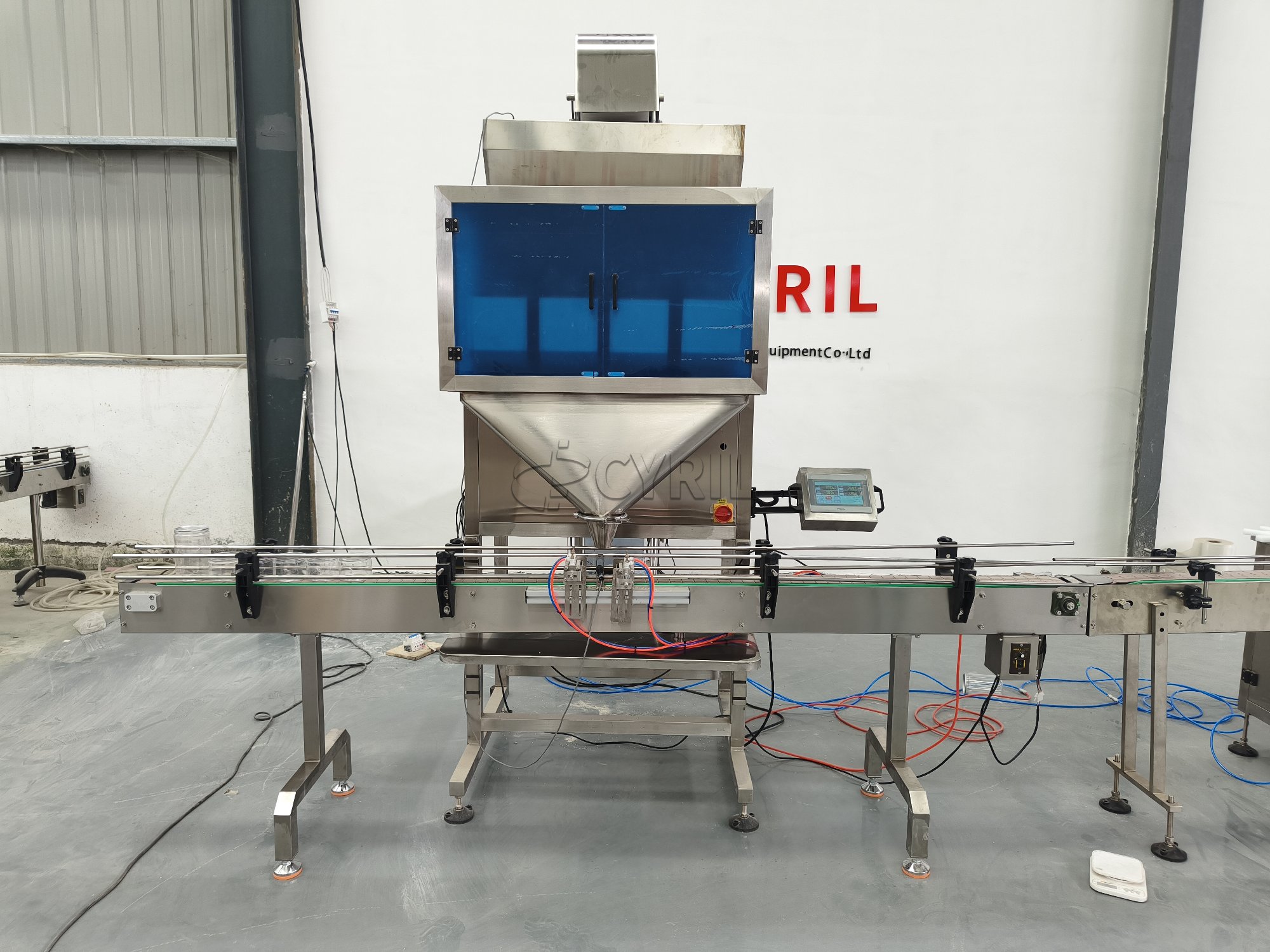 Four-head weighing filling machine + aluminum cap capping machine + single-head capping machine + laser coding machine + round bottle positioning system
