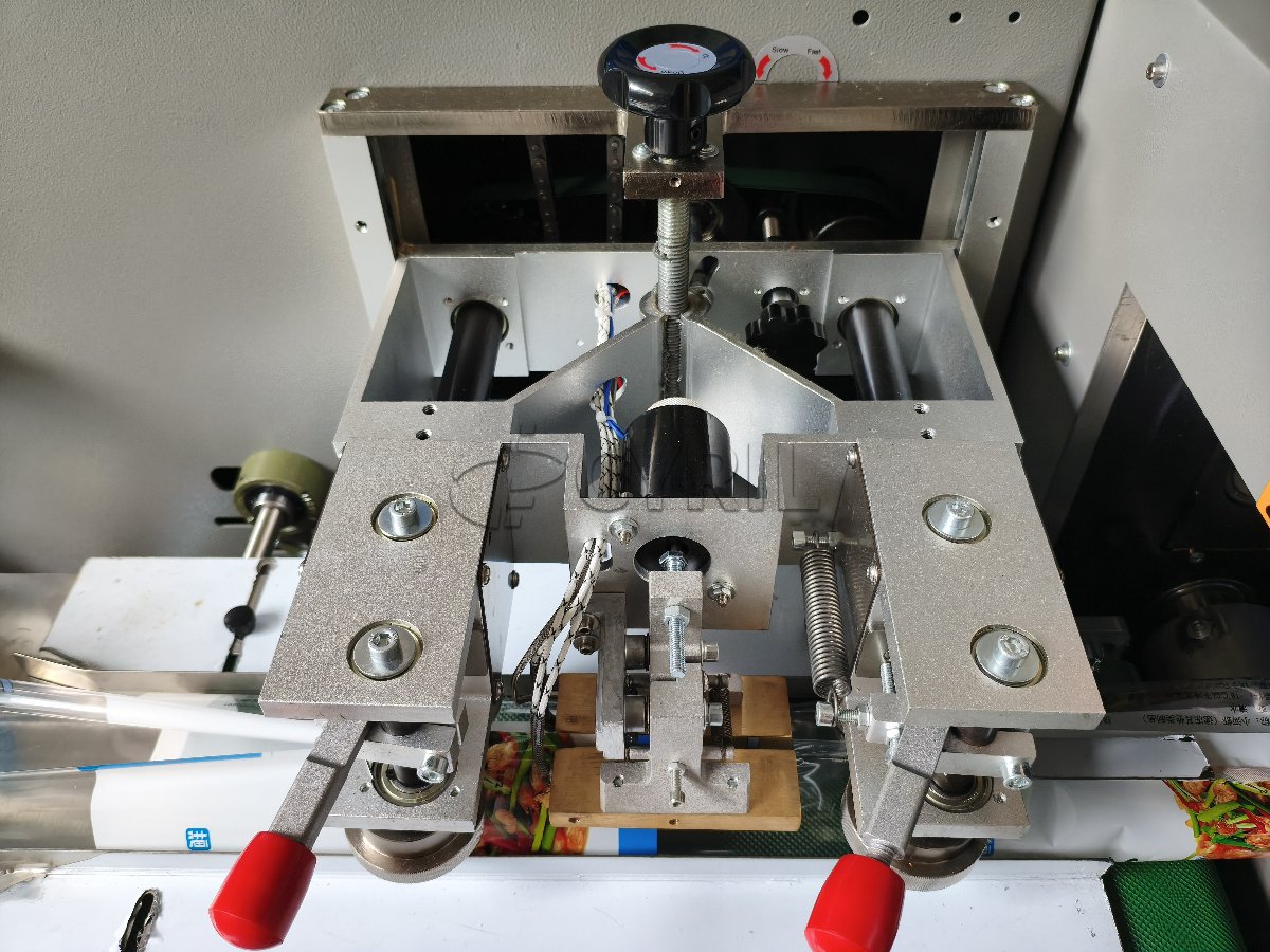 Bottom-film-feed pillow packaging machine with coding unit