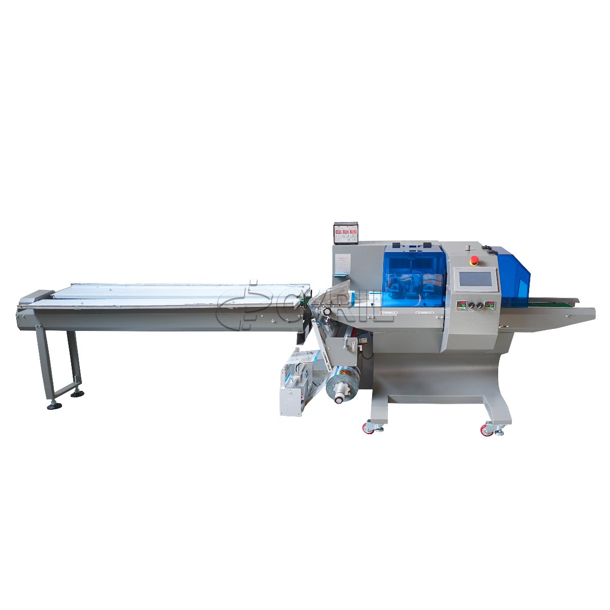 Bottom-film-feed pillow packaging machine with coding unit