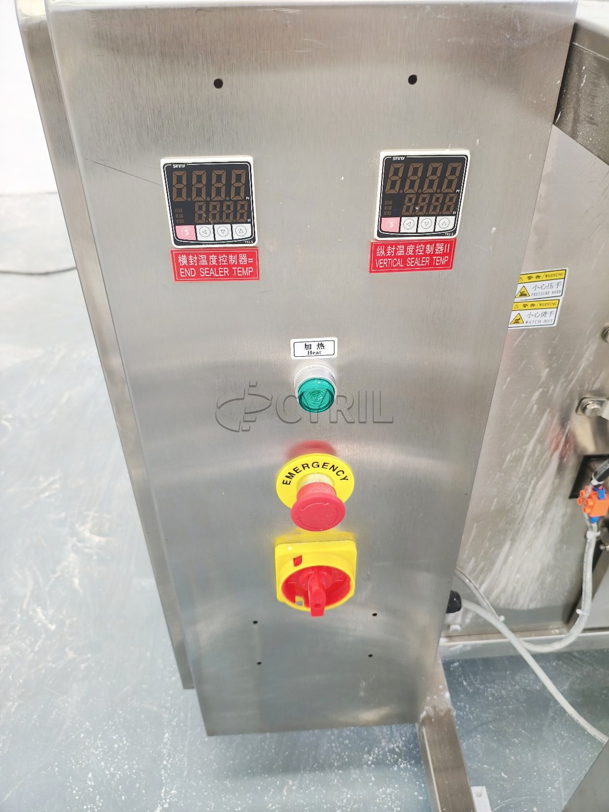Powder packaging machine with straight-auger filling and back sealing.