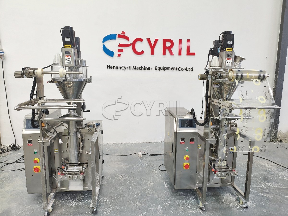 Powder packaging machine with straight-auger filling and back sealing.